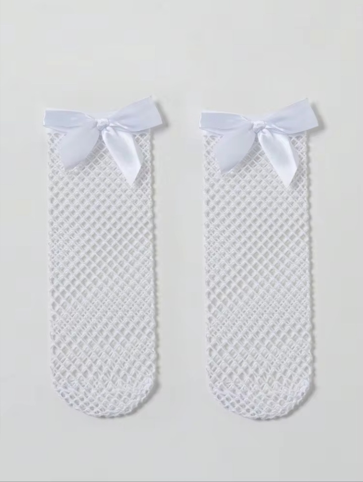 Women’s White Fishnet Ankle Socks with Satin Ribbon Bow – Sheer Stretch Mesh Dress Socks